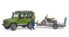 Bruder 2589 Land Rover Defender s prívesom, motocyklom Ducati a vodičom